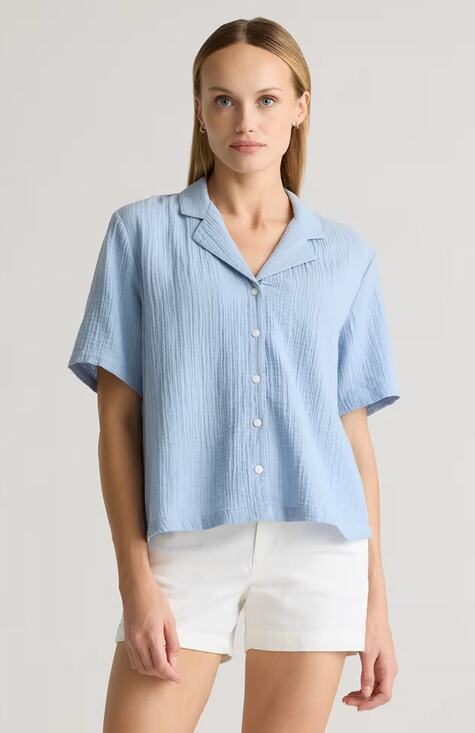 Quince Tops - Quince 100% Organic Cotton Gauze Short Sleeve Shirt in Ocean Breeze size XL